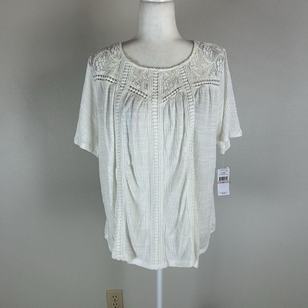 White Crochet Lace Embroidered Ivory Top Blouse Size 2X Preppy Boho